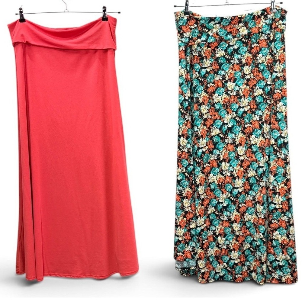 LuLaRoe Maxi Skirt Women XL Salmon Floral Boho Stretch Yoga Foldover Waist Lot/2